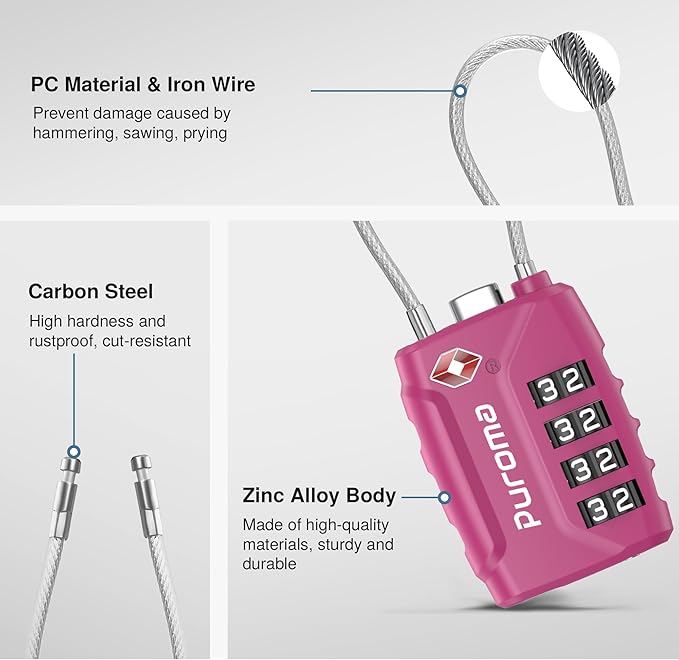 Puroma 2 Pack TSA Approved Luggage Locks, 4 Digit Combination Travel Cable Locks Resettable Code Lock with Zinc Alloy Body for Suitcase, Toolbox, Backpack, Bag, Gym Locker (Basic Pink Dark)