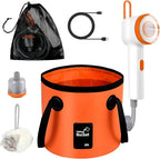 Portable Camping Shower Kit, Rechargeable Pump with Carbon Water Purification, Digital Display, Soft LED Light, Folding Bucket for Outdoor Camping Hiking Pet Bath Car Wash