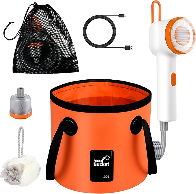 Portable Camping Shower Kit, Rechargeable Pump with Carbon Water Purification, Digital Display, Soft LED Light, Folding Bucket for Outdoor Camping Hiking Pet Bath Car Wash