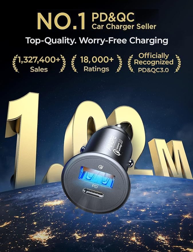 AINOPE 67.5W Car Charger USB C Fast Charge, PD 45W USB C Car Charger Fast Charging【Mini & Metal】 Cigarette Lighter Adapter USB-C Type C Car Charger for iPhone 17 16 15 Pro Max, for Samsung S26 S25
