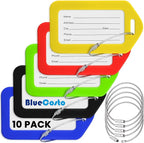BlueCosto - Luggage Tags - Multicolored, 10 Pack - Suitcase Tags with Name ID Card & Heavy-Duty Metal Wire Loops - Bright Colored PVC Identifiers for Travel Baggage - Backpack Name Labels