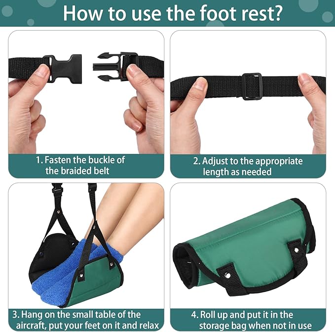 Yerliker Airplane Foot Hammock(Memory Foam) with Earplugs and Eye Mask Travel Necessities Adjustable Airplane Desk Foot Rest for Long Trip Pain and Swelling Relief(Green)