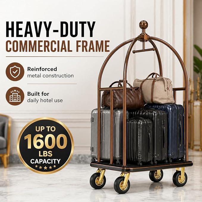 Hotel Luggage Cart, Heavy Duty Bellman Cart with 1600 lbs Capacity, 8" Silent Wheels, Stainless Steel Rolling Luggage Trolley with Carpet Deck for Hotels, Resorts & Apartments(Champagne)
