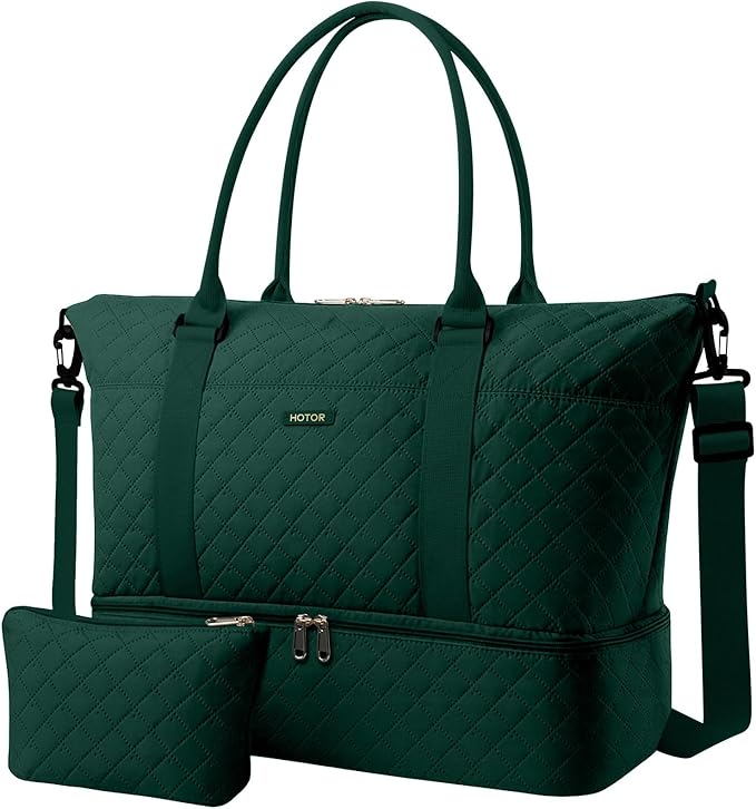 HOTOR Travel Duffel Bag - Weekender Bags for Women, Gym Tote Bags with Shoe Compartment, Carry On Overnight Bag with Toiletry Bag for Travel Essentials Travel Accessories, Dark Green, 13.4"×17.3"×7.9"