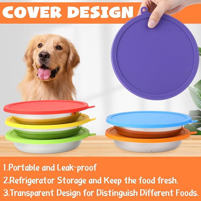 Patelai 12 Pcs Stainless Steel Dog Bowls with Silicone Lids Portable Food and Water Dishes for Pets Sealable Containers for 6.3" for Cats & Small Dogs (Red,Blue,Green,Purple)