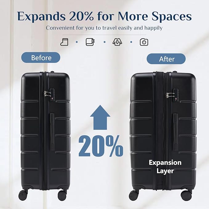 OLIXIS 3-Piece Luggage Set, Carry On Suitcases with Spinner Wheels, Expandable Travel Luggage with TSA Approved Lock & ABS Hard Shell, Black, 20/24/28 Inch