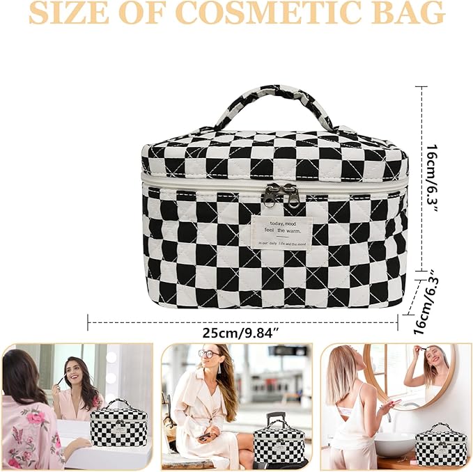 Gosect Large Makeup Bag, Cute Cosmetic Bag for Women Girls, Floral Coquette Aesthetic Toiletry Bag, Travel Make Up Organizer Bag (Black Checkered)