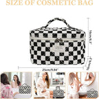 Gosect Large Makeup Bag, Cute Cosmetic Bag for Women Girls, Floral Coquette Aesthetic Toiletry Bag, Travel Make Up Organizer Bag (Black Checkered)