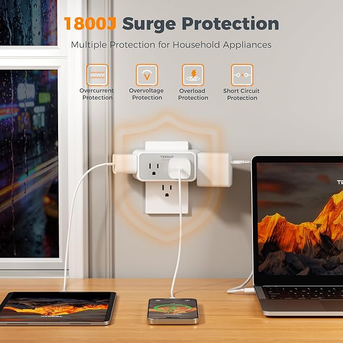 Surge Protector Outlet Extender, TESSAN 1800J Multi Plug Wall Outlet with 4 Widely Outlet Splitter, 3 Sided Multiple Wall Plug Expander for Home Office Kitchen Dorm Room Essentials