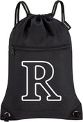 HOLYLUCK Drawstring Bags Initial Backpack Sackpack Cinch Bags for Sports, Gym, Travel, Beach (Black-R)
