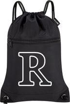 HOLYLUCK Drawstring Bags Initial Backpack Sackpack Cinch Bags for Sports, Gym, Travel, Beach (Black-R)