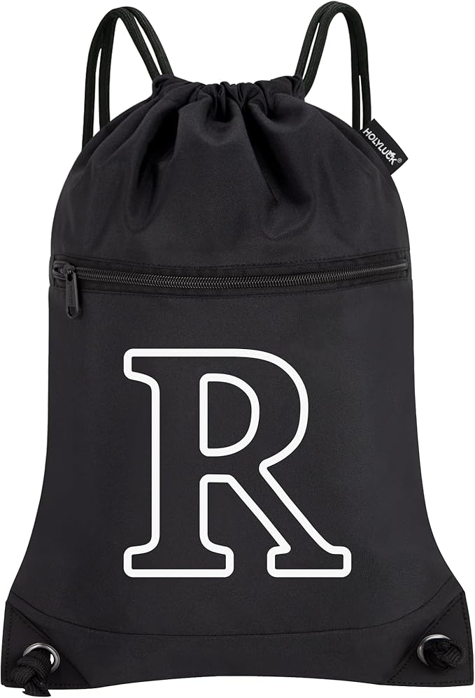 HOLYLUCK Drawstring Bags Initial Backpack Sackpack Cinch Bags for Sports, Gym, Travel, Beach (Black-R)