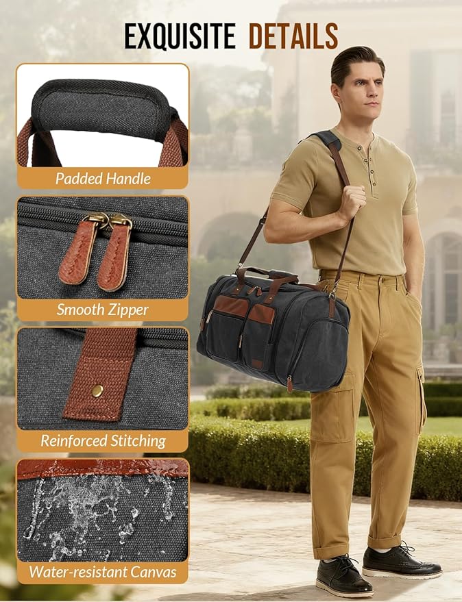 Canvas Duffle Bag for Travel 50L Expandable Travel Duffel Bags for Men Women Overnight Weekend Gym Bag with Shoes Compartment - Dark Grey