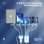 6-Port USB-C Car Charger, 123W Fast, PD 45W Compatible with iPhone16/Galaxy/Samsung S24, Cigarette Lighter Adapter with 5.7FT Cable for Rear Seat Charging (White)