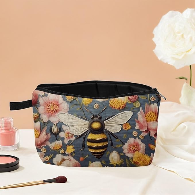 Bee Makeup Bag for Women Travel Cosmetic Organizer Bag Teacher Appreciation Gifts Small Zipper Toiletry Bag