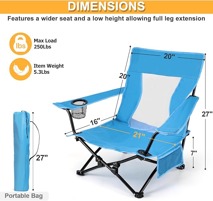 Joyfair Beach Camping Chair (2 Pack), Outdoor Folding Lawn Chair for Adults, Heavy Duty Portable Chair with Armrest for Outside Fishing, Sport, Patio, Cup Holder & Storage Pocket, Carry Bag (Blue)