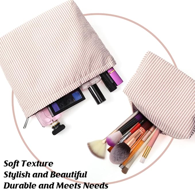 Huhumy 2 Pcs Makeup Bag Set Cute Cosmetic Pouch for Women Seersucker Travel Toiletry Bag Preppy Small Makeup Purse Pouch Aesthetic Skincare Brushes Storage Organizer for Valentine Women(Khaki)