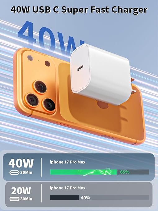 iPhone 17 16 Fast Charger,40W 3Pack iPhone 17 Charger Fast Charging Block USB C Chargers with Braided USB C to C Cable for iPhone Air/17/17 Pro/17 Pro Max/16 Pro Max/16 Plus/16e/15/15 Pro Max,iPad Air