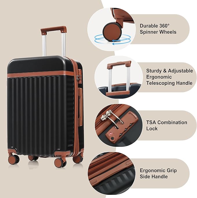 3 Piece Luggage Set ABS Hardshell Lightweight Suitcase Sets with Spinner Wheels and TSA Lock, 20 inch with Front Opening Design and USB Port, 20" Airline Certified Carry-on Luggage, 20"24"28", Black