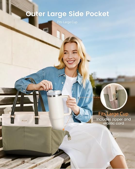 LOVEVOOK Laptop Tote Bag for Women with 3 Separate Pocket Work Bag with Large Cup Holder Computer Briefcase for Teacher Nurse