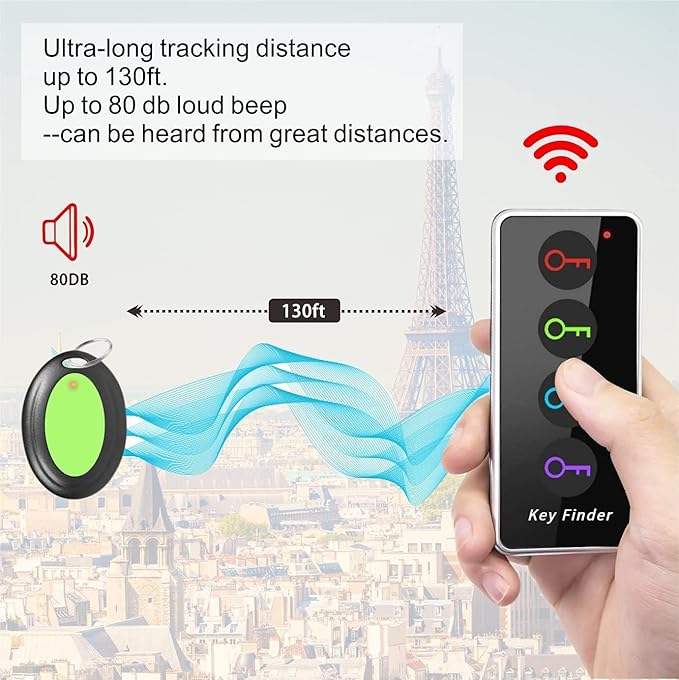 Reyke Key Finder, 80dB+ RF Item Locator Tags with 131ft. Working Range, Wireless Remote Tracker for Wallet, Phone, Glasses, Pet, 1 RF Transmitter & 4 Receivers