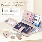 Dadanism RFID Passport Holder for Travel, Pu Leather Passport Wallet Cover with Card Holders, SIM Slots, Zippered Coin Pocket and Cash Slot, Slim Compact Travel Wallet for Women, Pink