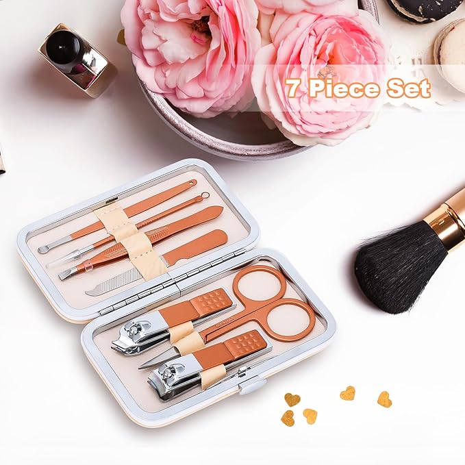 Manicure Set-Stainless Steel Nail Care Set-Professional 7 in 1 Ingrown Toenail Clipper Grooming Tool-Pedicure Kit & Toe Nail Cutter-Thick Nail Scissors Toiletries with Cuticle Trimmer (Rose Gold)