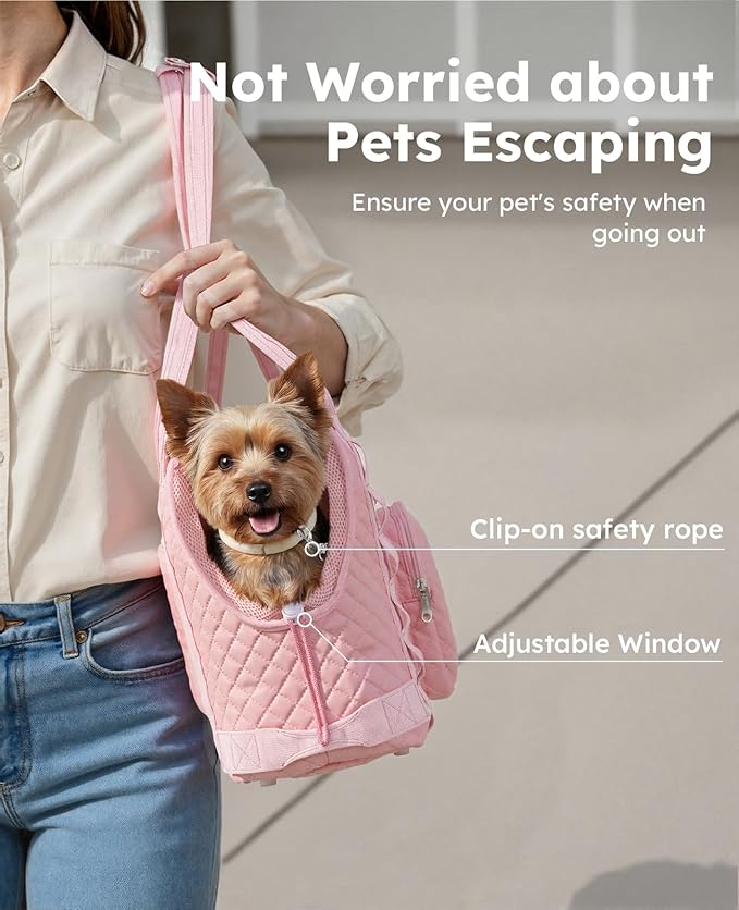 Pecute Dog Purse Carrier, Dog Carrier with Pockets for Small Dogs, Fits Dogs 5 lbs to 9 lbs, Cat and Puppies Tote Bag, Outing, Travel, Vet, Pink