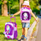 2PCS Girls Suitcase Set, 18" Kids Unicorn Carry on Luggage with Wheels, Cute Sequin Children Travel Rolling with 12" Toddler Backpack(Purple)
