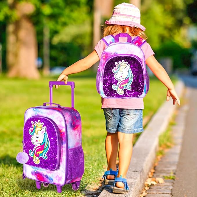 2PCS Girls Suitcase Set, 18" Kids Unicorn Carry on Luggage with Wheels, Cute Sequin Children Travel Rolling with 12" Toddler Backpack(Purple)
