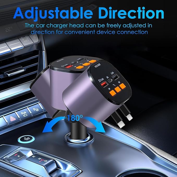Retractable Car Charger,5 in 1 Fast Cars Phone Charger 90W,Bluetooth 5.3 FM Transmitter Adapter,Handsfree Call,2 Retractable Cables and USB Chargers for iPhone17/ 16/15/14/13/Samsung