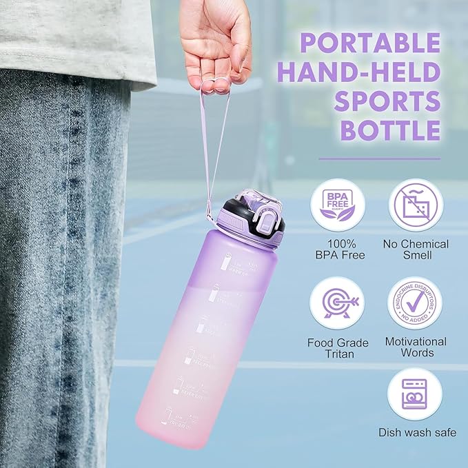 Water Bottle with Straw 1L,Boys Water Bottles with Straw 1 Litre,Waterbottle Leak-Proof Sports Water Bottle,Plastic Drinks Bottles Toxin Free，Bpa-Free (Purple)