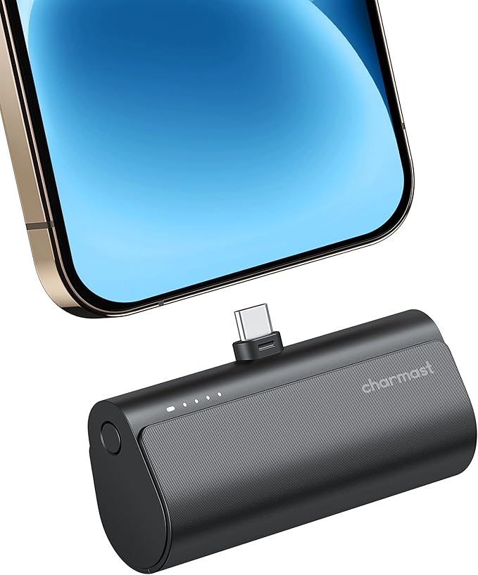 charmast Portable Charger USB C for iPhone 17/16/15, 5000mAh Fast Charging Power Bank with Built-in Type-C Connector, 20W Mini Battery Pack for iPhone 17/16/15 Series, Samsung S25/S24/S23, and More