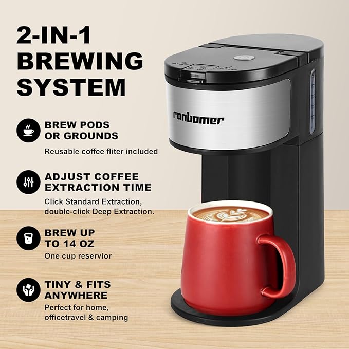 Ranbomer K Cup Coffee Maker, Single Serve coffee machine or Ground Coffee Machine 2 in 1, 6 to 14 Oz Brew Sizes, Mini One Cup Coffee Maker with Self cleaning Function, Fits Travel Mug Black