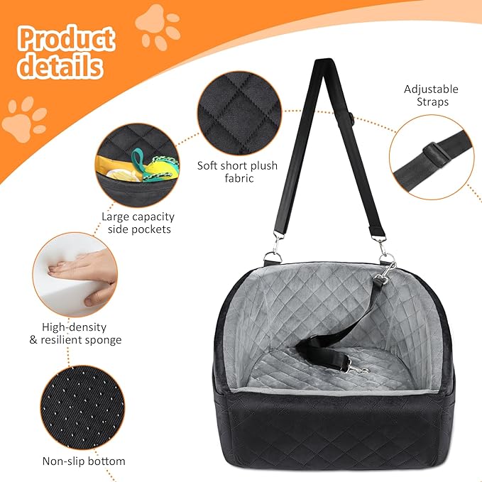NEEZUKAR Dog Car Seat for Small Dogs,Detachable Washable Dog Booster Seat Under 30lbs, Pet Car Seat Travel Bed with Storage Pockets and Dog Safety Belt (Black/Grey)