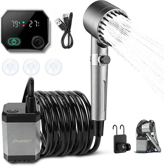 Portable Shower for Camping, Filtered Camping Shower, IPX8 Waterproof，6000mAh Rechargeable Outdoor Camp Shower Pump with LED Display, 4 Spray Modes for Hiking, Travel, Pet