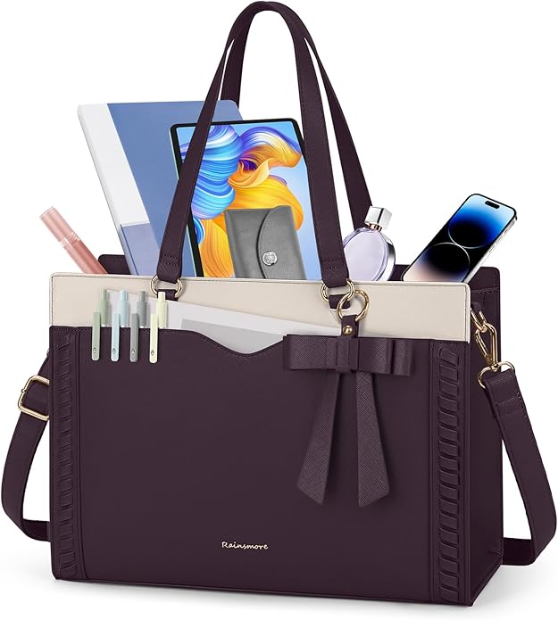RAINSMORE Laptop Bag for Women 15.6 Inch Work Tote Bag with Detachable Strap & Bow Professional Laptop Tote with Cup Holder