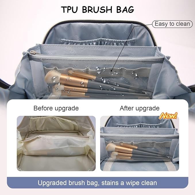 BOYATU Travel Makeup Bags for Women: 3 Pcs Set Wide Open Cosmetic Bag - Portable Make up Bags with Handle - Vegan Leather Toiletry Organizer Bag with Divider (G-05-Blue)