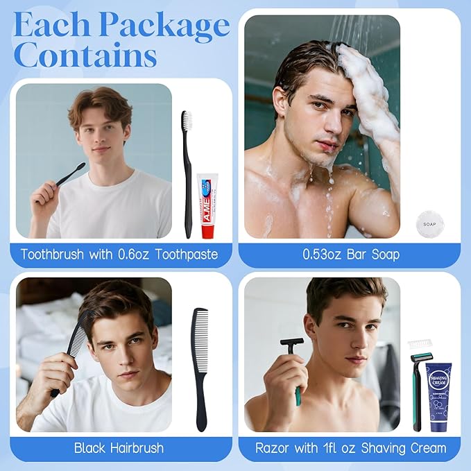Disposable Toiletry Kits, 6 In 1 Bulk Travel Size Hygiene Care Packages,Essential Men Women Individually Wrapped Personal Toiletries Set for Hotel, Charity/Guests/Shelter/Homeless (60 Pack)