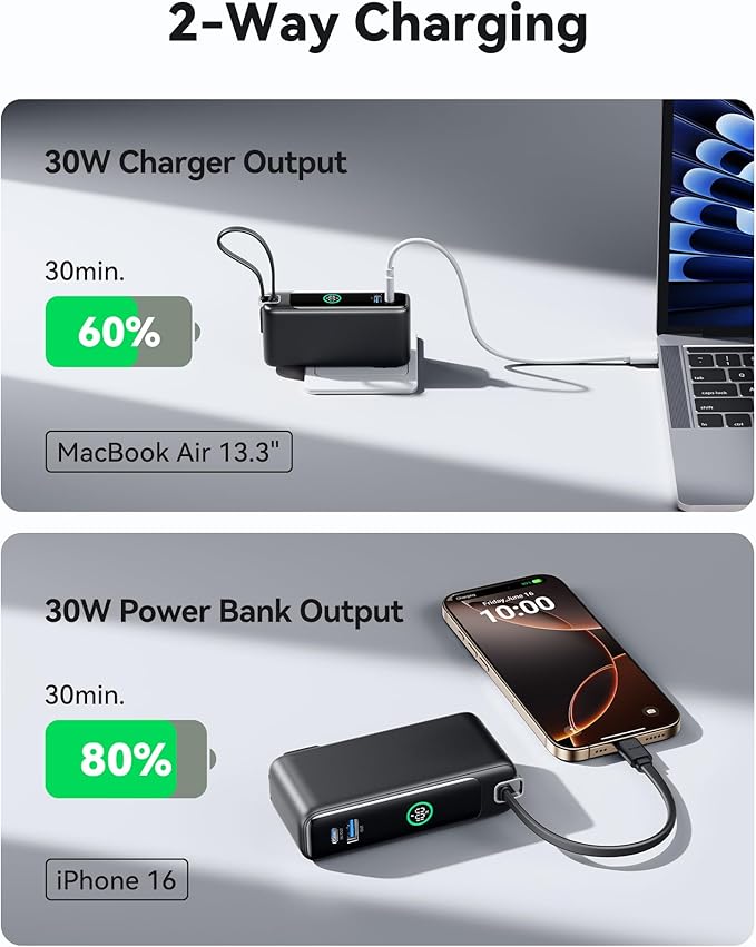 INIU 3-in-1 Portable Charger, Small 10000mah 30W Fast Charging Power Bank with Built-in USB C Cable and Foldable AC Plug, Flight Family Travel Essentials for College Students Teen Boys Girls, Green