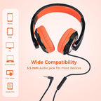 rockpapa Comfort+ Kids Headphones with Microphone, Boys Girls Student Over-Ear Headphones Wired Foldable for School Classroom Laptop PC Computer Tablet Black Orange