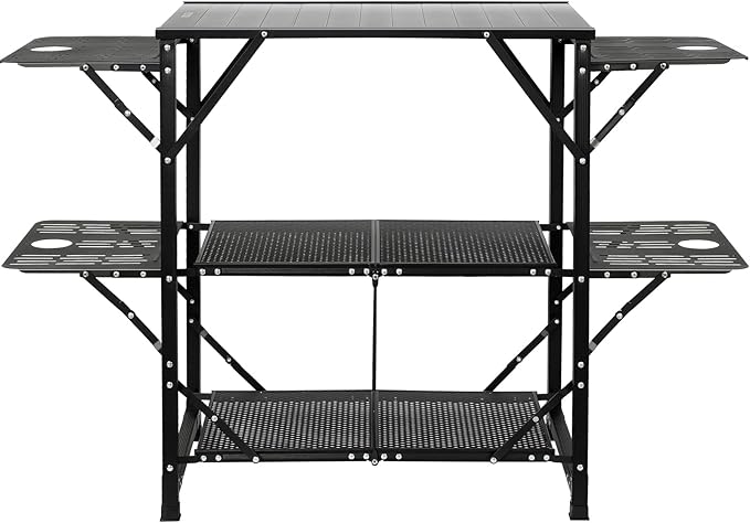 VEVOR Camping Kitchen Table, Aluminum Folding Portable Outdoor Cook Station with 4 Iron Side, 2 Shelves & Carrying Bag, Quick Installation for Picnic BBQ Beach Traveling