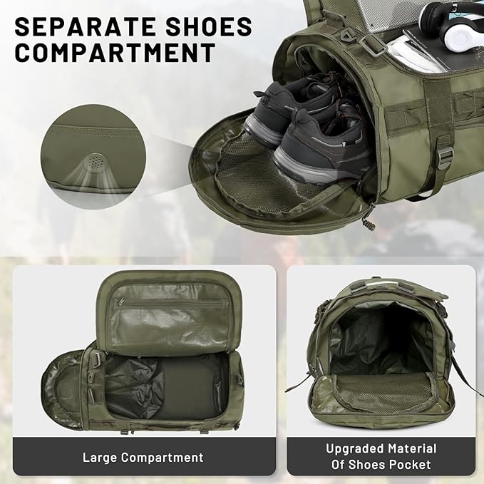 MIER Large Duffel Backpack Sports Gym Bag with Shoe Compartment, Heavy Duty and Water Resistant, Dark Green, 60L