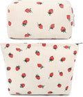 SOIDRAM 2 Pcs Cute Makeup Bag Large Cosmetic Bag Toiletry Bag Makeup Pouch Travel Bag Organizer Cute Makeup Brushes Aesthetic Accessories Storage Bag for Women Strawberry Beige