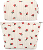 SOIDRAM 2 Pcs Cute Makeup Bag Large Cosmetic Bag Toiletry Bag Makeup Pouch Travel Bag Organizer Cute Makeup Brushes Aesthetic Accessories Storage Bag for Women Strawberry Beige
