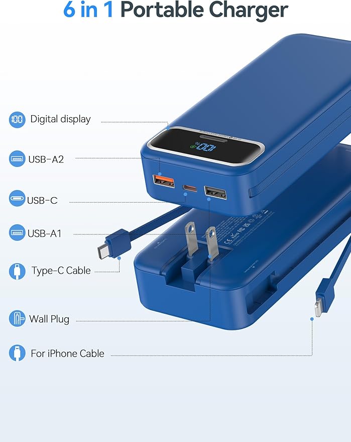 20000mAh Lightweight-Portable-Charger-Power-Bank with Built-in Cables and AC Wall Plug, PD20W USB-C Fast Charging Battery Pack, LED Display External Travel Phone Charger for All iPhone,Samsung,Android
