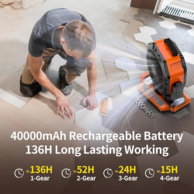 Socool 40000mAh Camping Fan Rechargeable, Battery Operated Portable Outdoor Fan Remote, 136Hrs & 4-Speed Cordless Oscillating, Table Fan with Light & Timer for Tent RV Jobsite Hurricane Power Outage