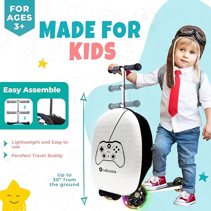 Lascoota Foldable Ride-On Suitcase - Lightweight Luggage with Easy-Glide Wheels - LED Lights for Kid Suitcase - Foldable Luggage Converts to Ride-On - Video Game, Unisex Child, 12.75 x 20.6 x 10.6 in