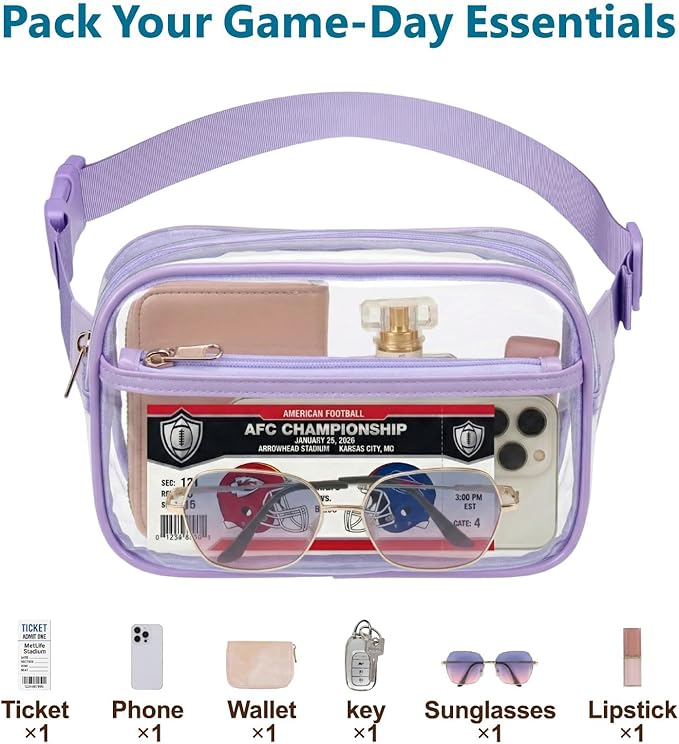 Veckle Clear Fanny Pack Stadium Approved - Plus Size 35-51 Inch Adjustable Strap Transparent Belt Bag for Women Men Fits 7.5" Smartphone, Crossbody Clear Bag for Stadium Events Sports Concerts, Purple