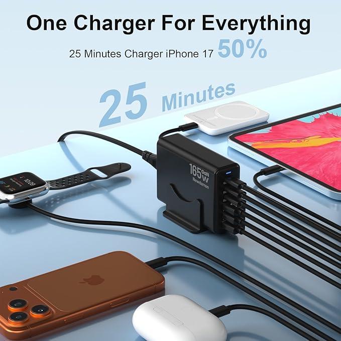 Charging Station for iPhone 17, 165W GaN 6-Port USB C Fast Charger Block, 3 Type-C Each 40W Desktop Charging Hub for Multiple Devices, 5ft Cord - Ideal for Home Office Travel Black